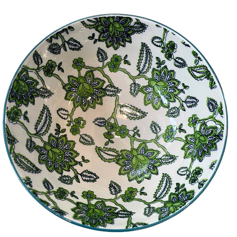 Potter's Studio Floral Ceramic Serving Bowl 8x3 Green White Blue NEW